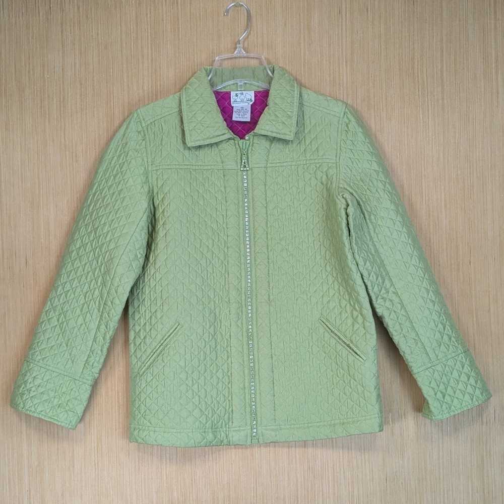 The Quacker Factory Quilted Silk Jacket Green Jewel Zip Lined Chic Women's XS